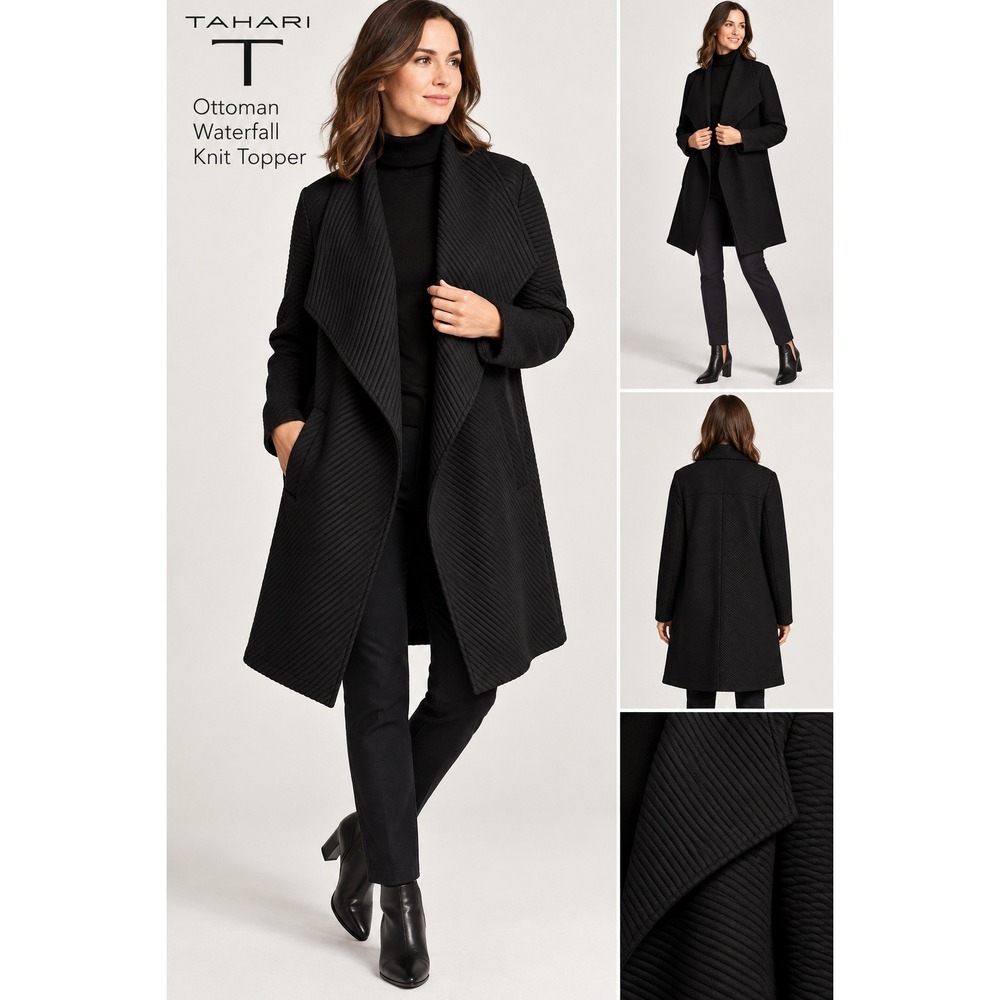 T Tahari Ottoman Waterfall Knit Topper Black M NWT $98 Textured Open Front